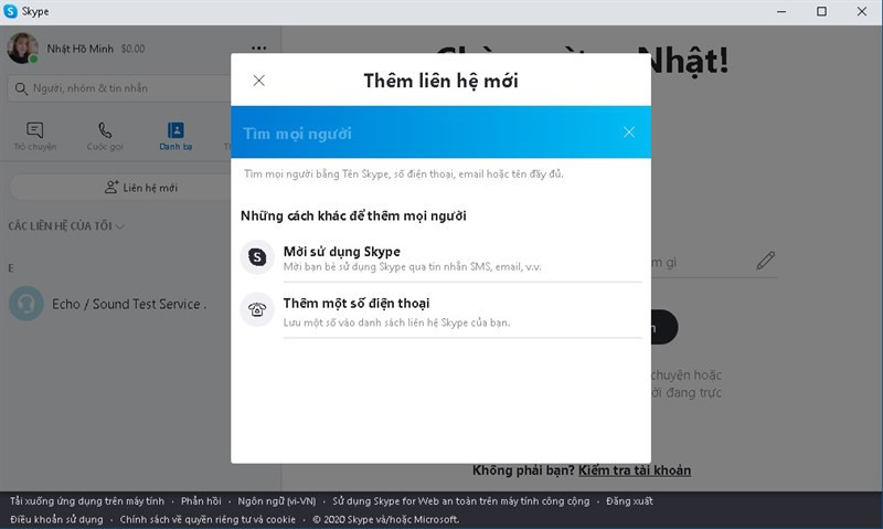 Thêm liên hệ trên Skype Web