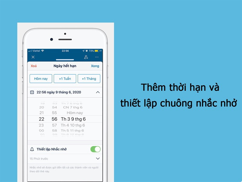 Thêm thời gian hoàn thành công việc và thiết lập chuông nhắc nhở