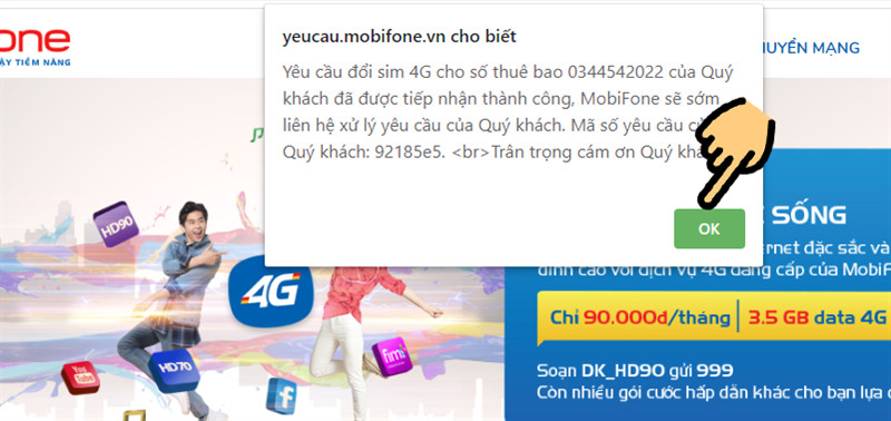 Thông báo đổi sim 4G MobiFone thành công