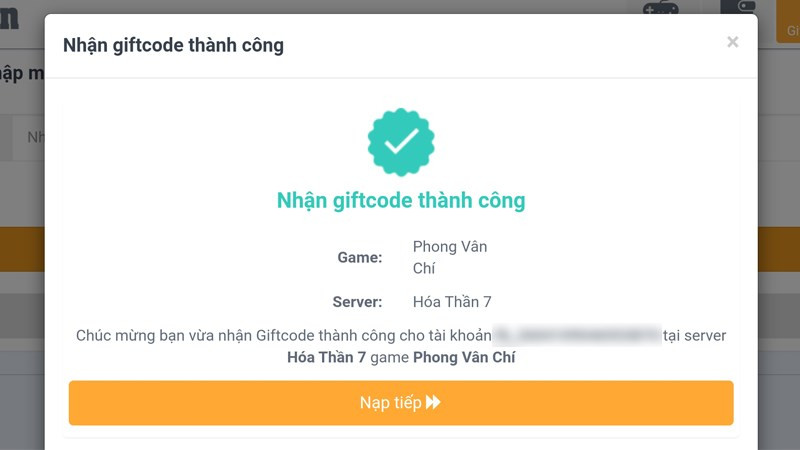 Thông báo nhập code thành công