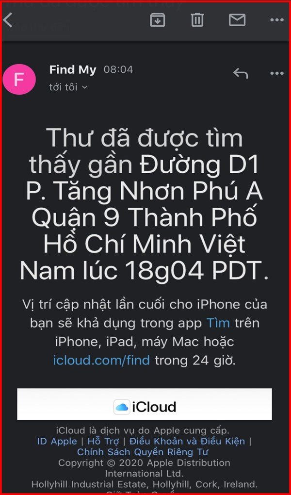 Thông báo vị trí iPhone bị mất qua email