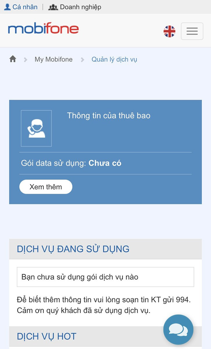 Thông tin thuê bao MobiFone khi chưa đăng ký gói cước