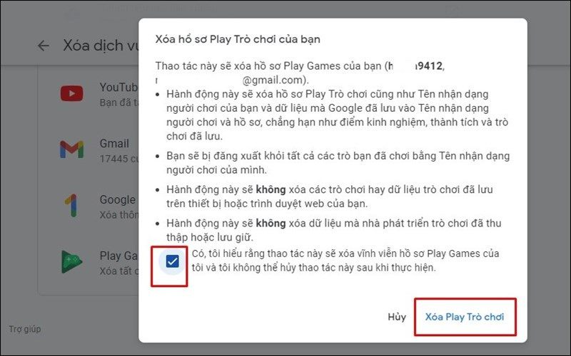 Tích chọn đồng ý, sau đó nhấn Xóa Play Trò chơi