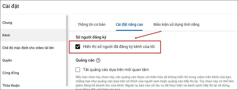  Tích chọn Hiển thị số người đã đăng ký kênh của tôi.