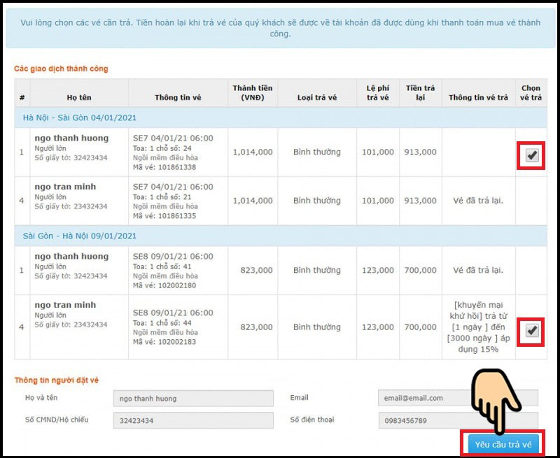 Tích Chọn vé trả &gt; Bấm Yêu cầu trả vé