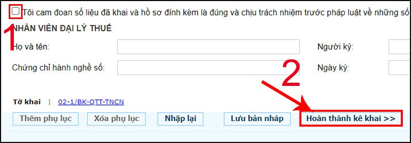 Tick chọn ô Cam kết và chọn Hoàn thành kê khai