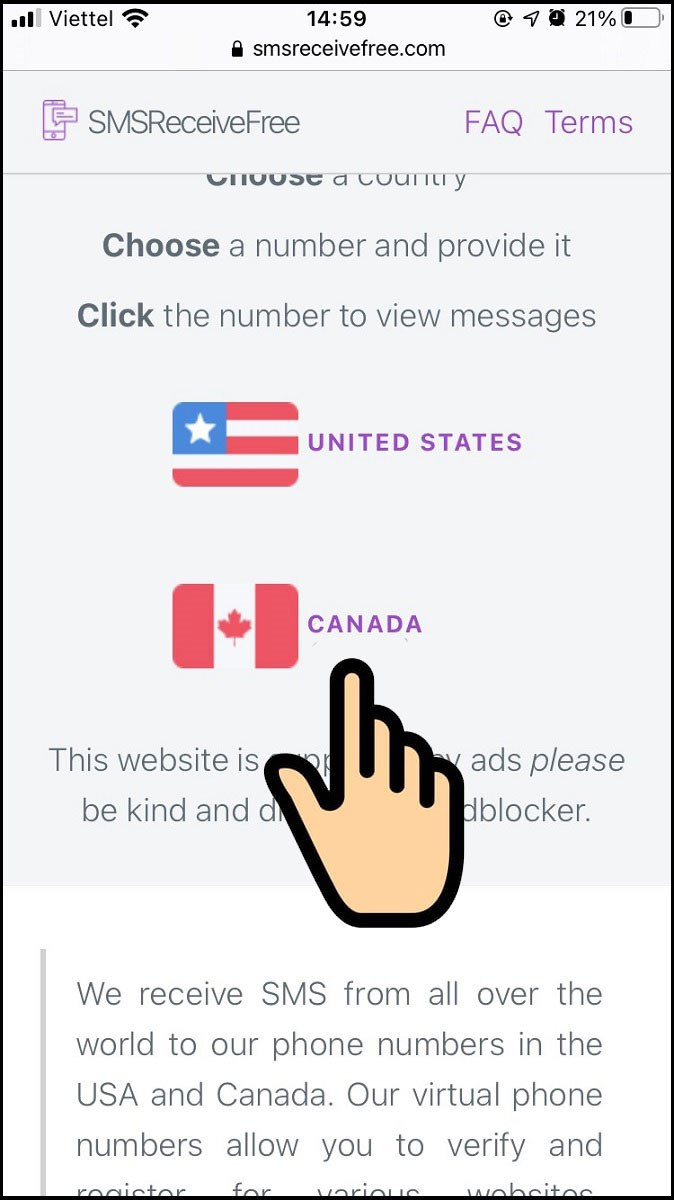 Tiếp theo bạn truy cập trang web: smsreceivefree.com, chọn Canada