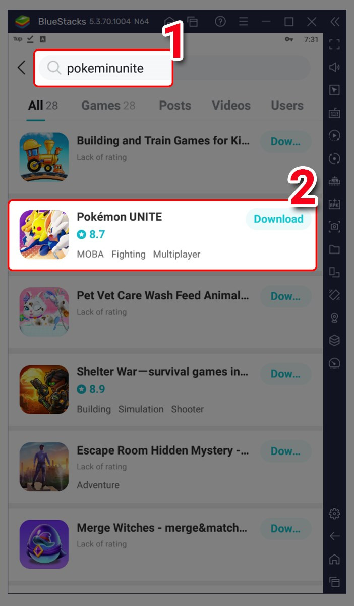 Tìm kiếm game Pokemon Unite trong TapTap