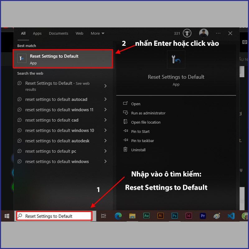 Tìm kiếm "reset settings to default"