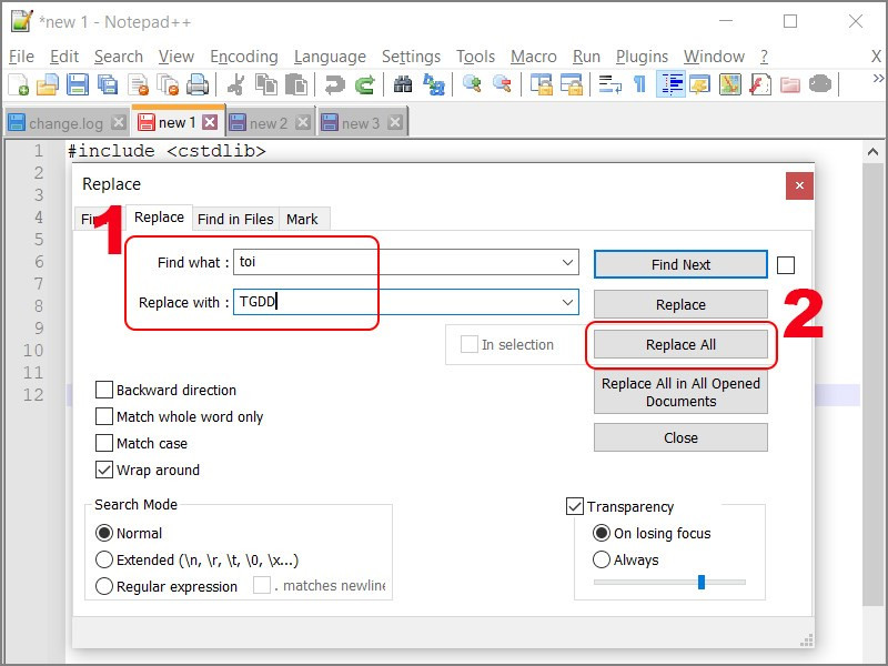 Tìm kiếm và thay thế trong Notepad++