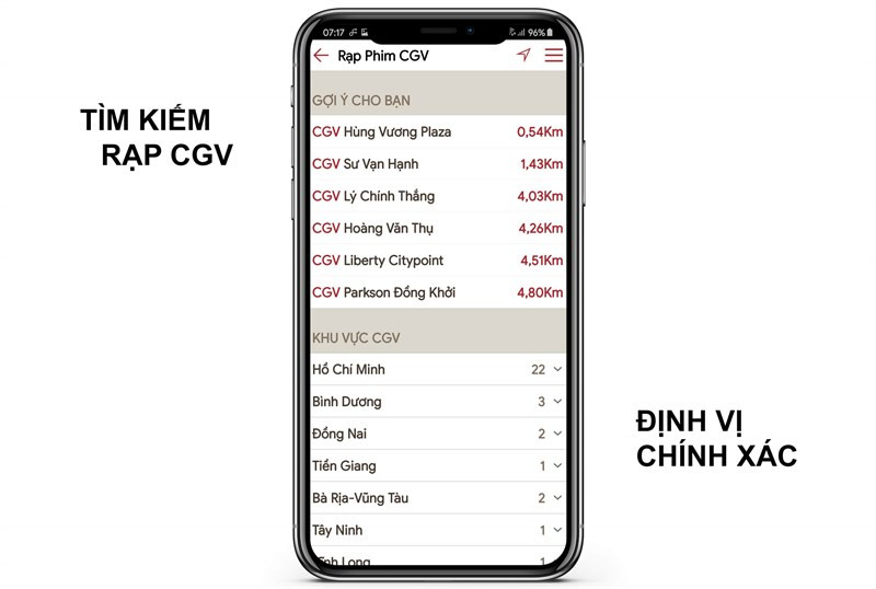 Tính năng tìm kiếm rạp CGV trên ứng dụng