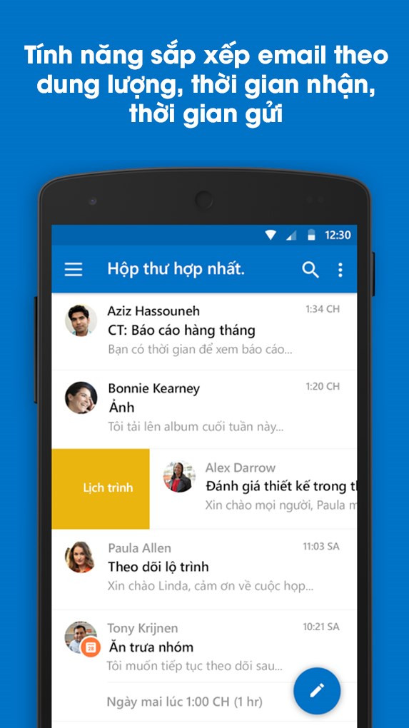 T&iacute;nh năng sắp xếp email theo dung lượng, thời gian nhận, thời gian gửi