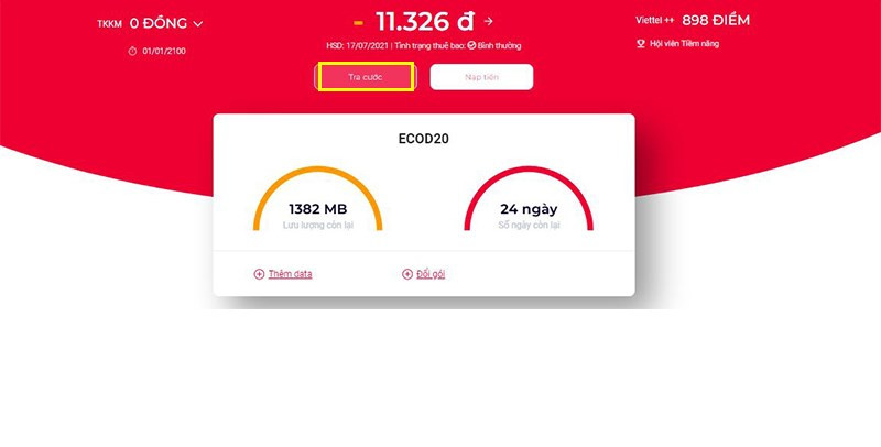 Tra cước trên website Viettel
