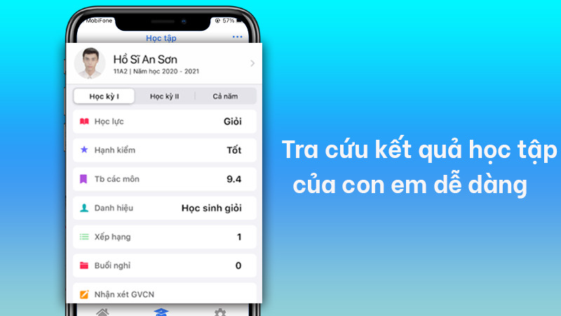 Tra cứu tức thời điểm số, kết quả học tập của con em