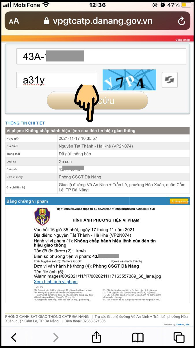 Trang web hiện ra thông tin chi tiết về lỗi vi phạm và bằng chứng vi phạm