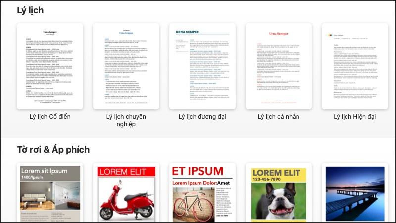 Trên 70 mẫu template có sẵn do Apple thiết kế