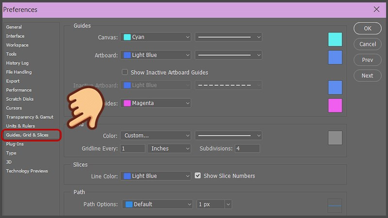 Trong hộp thoại Preferences, chọn Guides, Grid & Slices