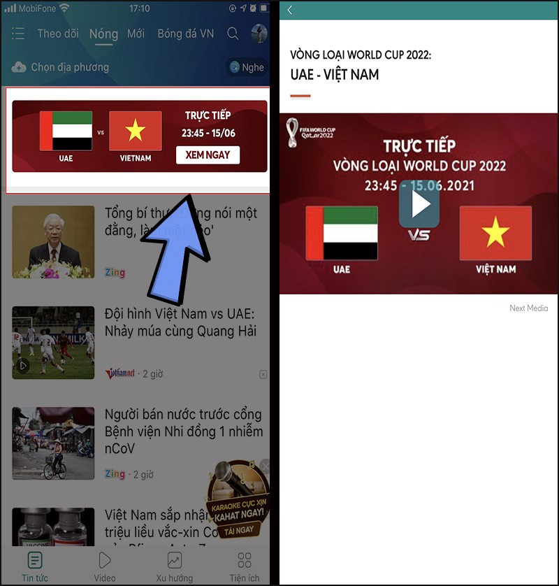 Truy cập Báo Mới &gt; Chọn Xem ngay ở đầu trang để thưởng thức trận đấu