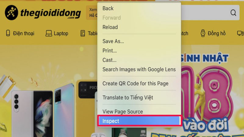 Truy cập trang cần lấy ảnh, chọn Kiểm tra (Inspect)