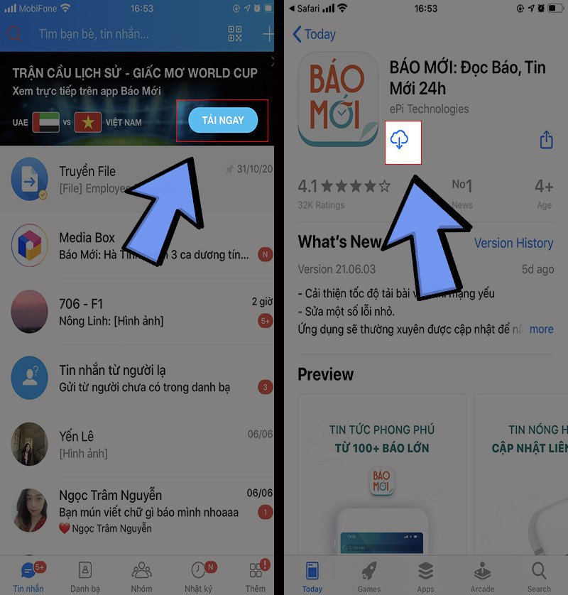 Truy cập Zalo &gt; Chọn Tải ngay &gt; Tải ứng dụng Báo Mới