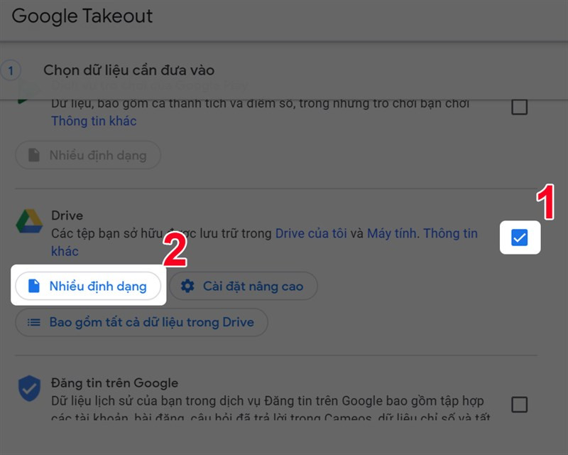 Tùy chỉnh định dạng trong Google Takeout