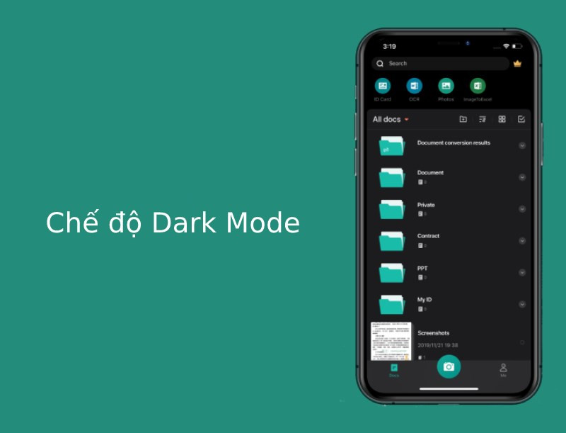 Ứng dụng CamScanner chế độ Dark Mode tr&ecirc;n iOS