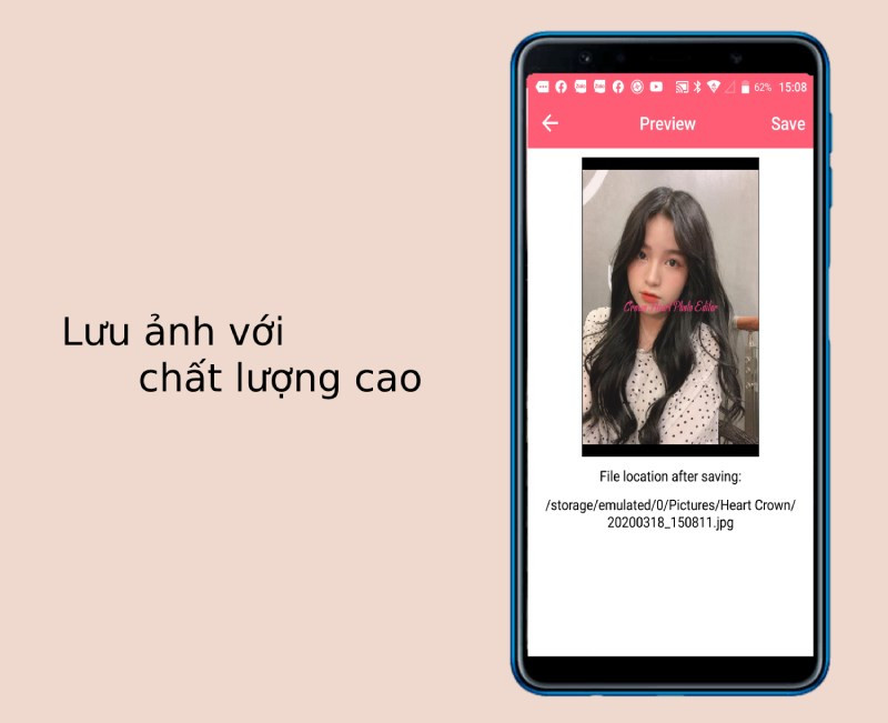 Ứng dụng Crown Heart Photo Editor cho phép lưu ảnh chất lượng cao