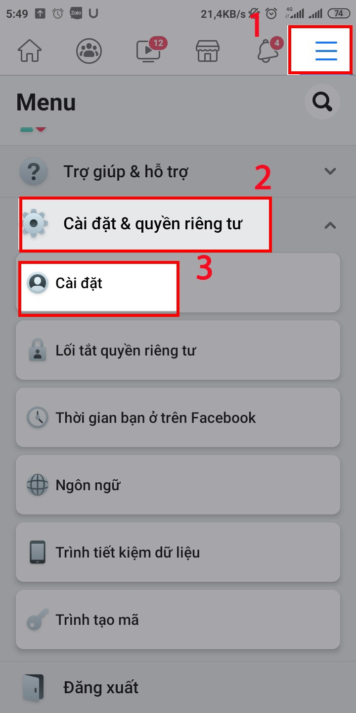 Vào cài đặt Facebook