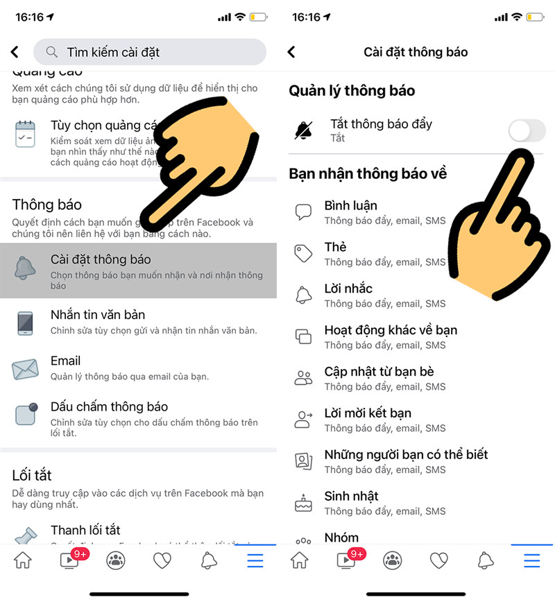 Vào cài đặt thông báo Facebook