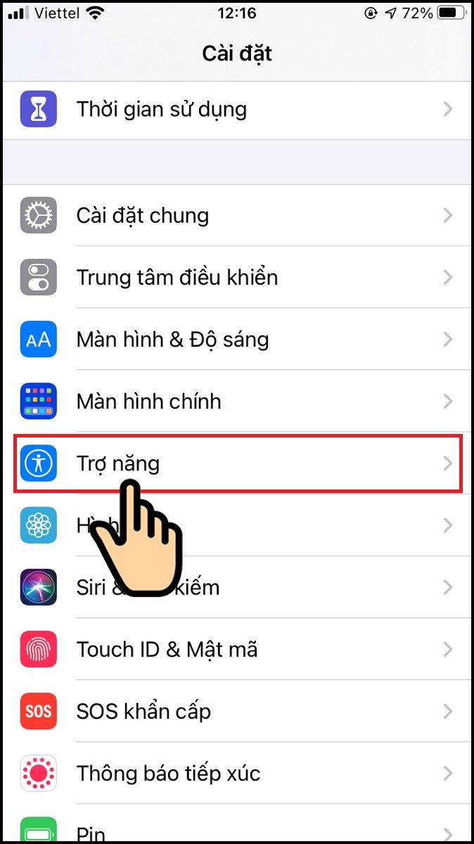 Vào cài đặt Trợ Năng