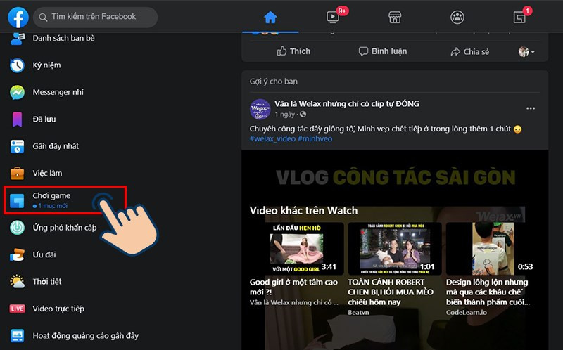 Vào Facebook và Chơi game ở thanh công cụ bên trái
