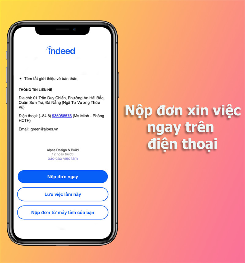 Việc l&agrave;m Indeed hỗ trợ nộp đơn ứng tuyển tr&ecirc;n điện thoại 