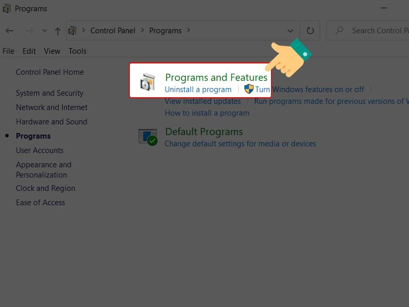V&agrave;o mục Programs and Features