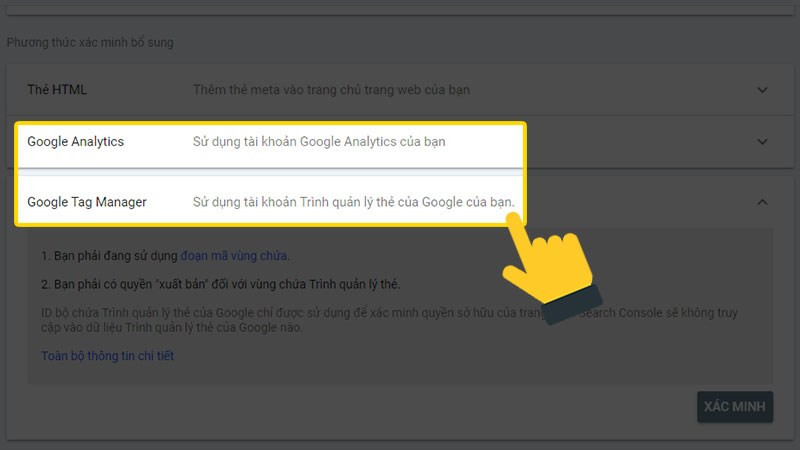 Xác minh bằng Google Analytics hoặc Google Tag Manager