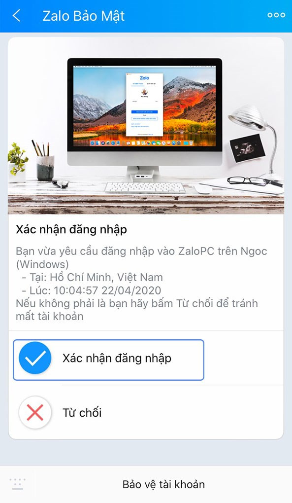 Xác nhận đăng nhập Zalo