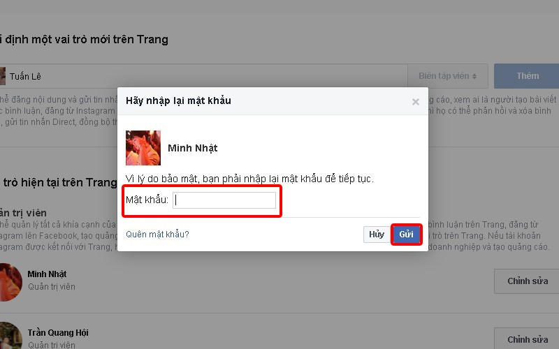 Xác nhận mật khẩu facebook và nhấn gửi