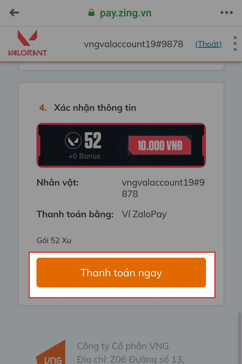 Xác nhận thanh toán Valorant