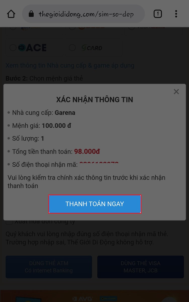 Xác nhận thông tin mua thẻ