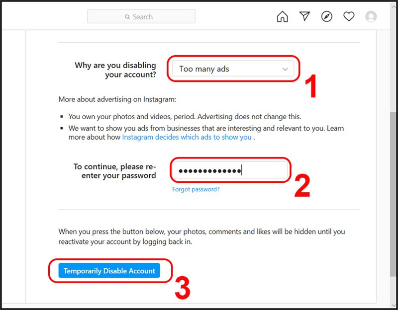Xác nhận vô hiệu hóa tài khoản Instagram