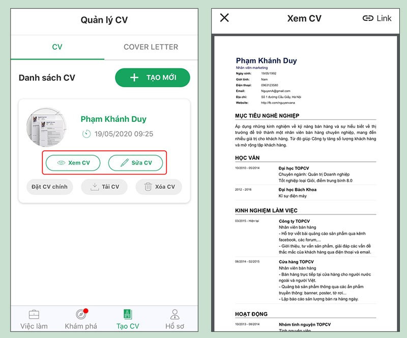 Xem lại Cv vừa tạo trên ứng dụng TopCV
