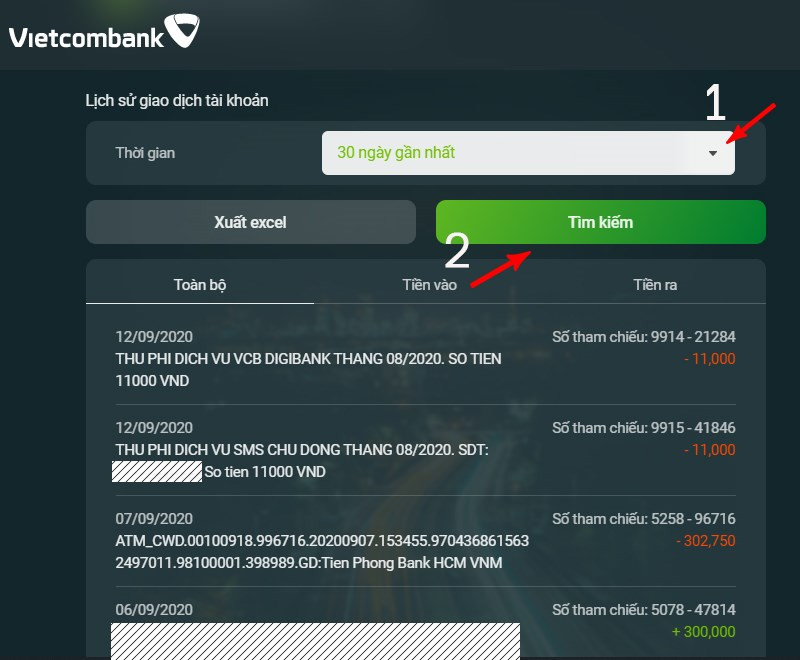 Xem lịch sử giao dịch Vietcombank trên máy tính