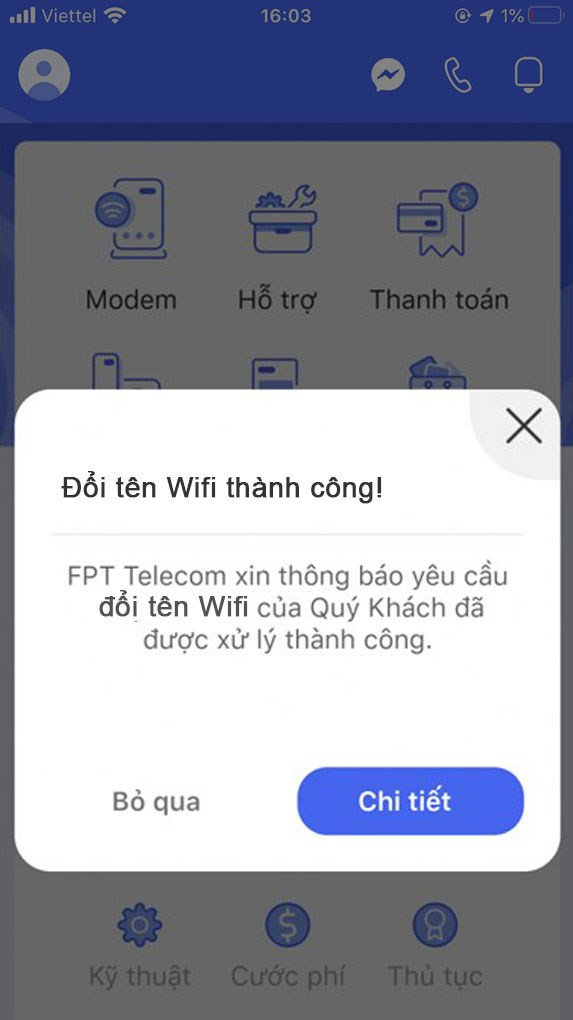 Xuất hiện thông báo Đổi tên wifi thành công.