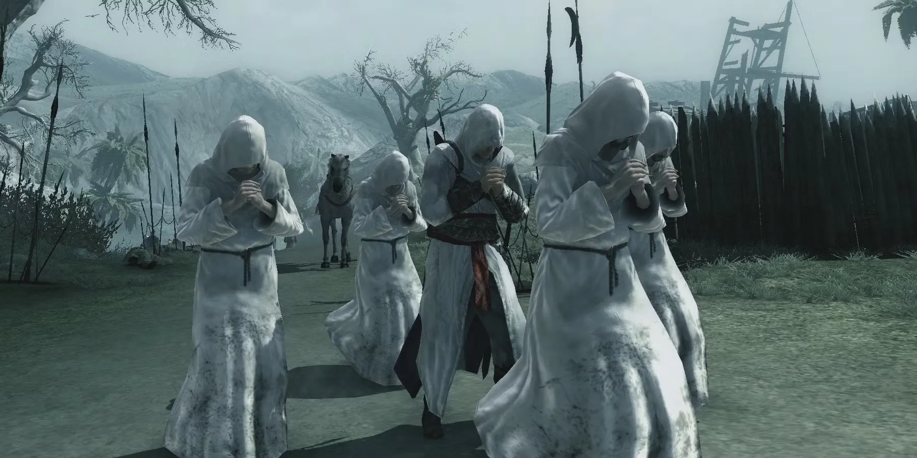 Altair hòa mình vào đám đông các học giả trong Assassin's Creed