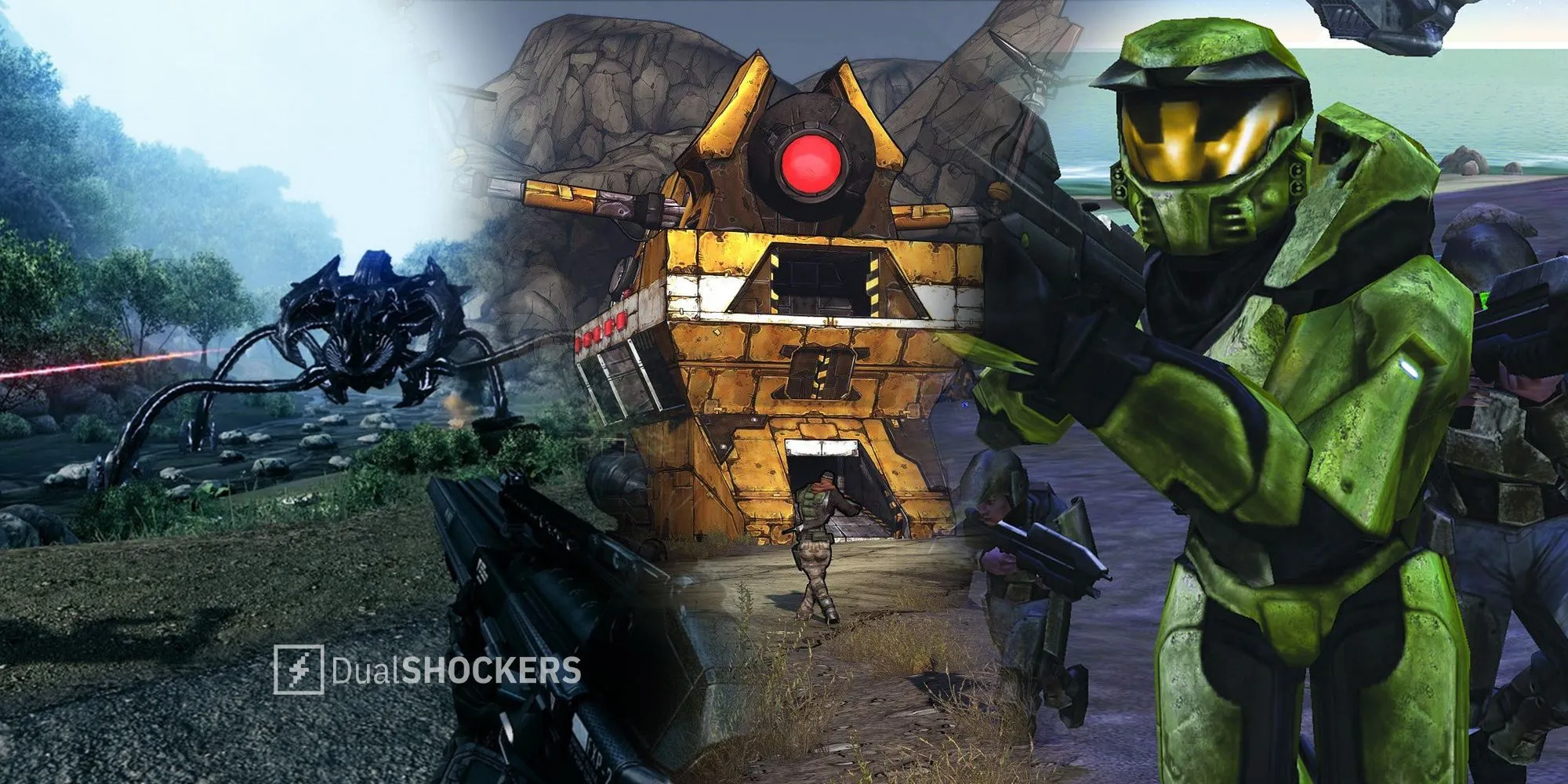 Ảnh chia làm ba phần với ảnh chụp màn hình các game Crysis, Borderlands và Halo