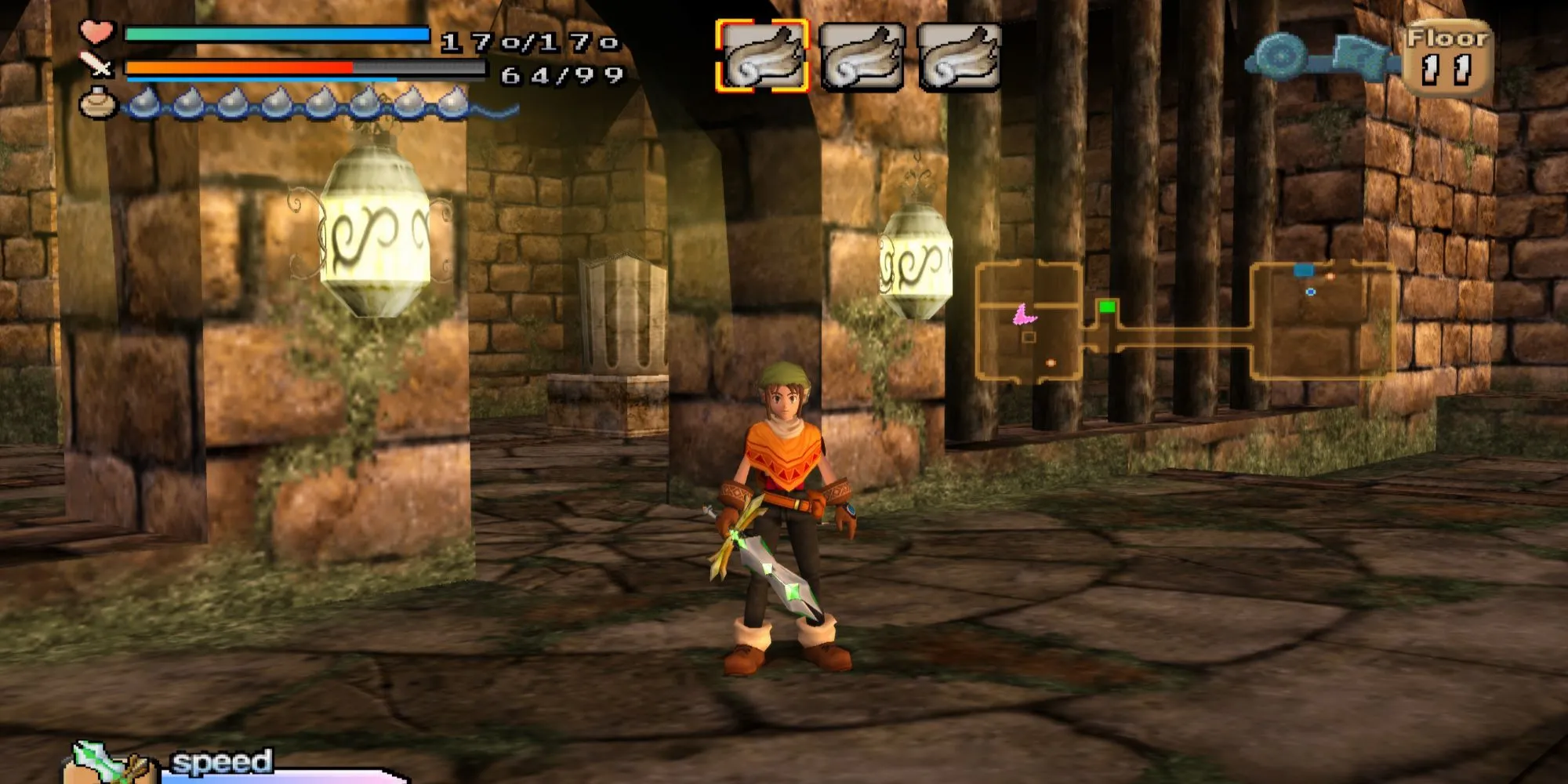 Ảnh chụp màn hình gameplay của Dark Cloud trên PS2, hiển thị giao diện và nhân vật trong hầm ngục.