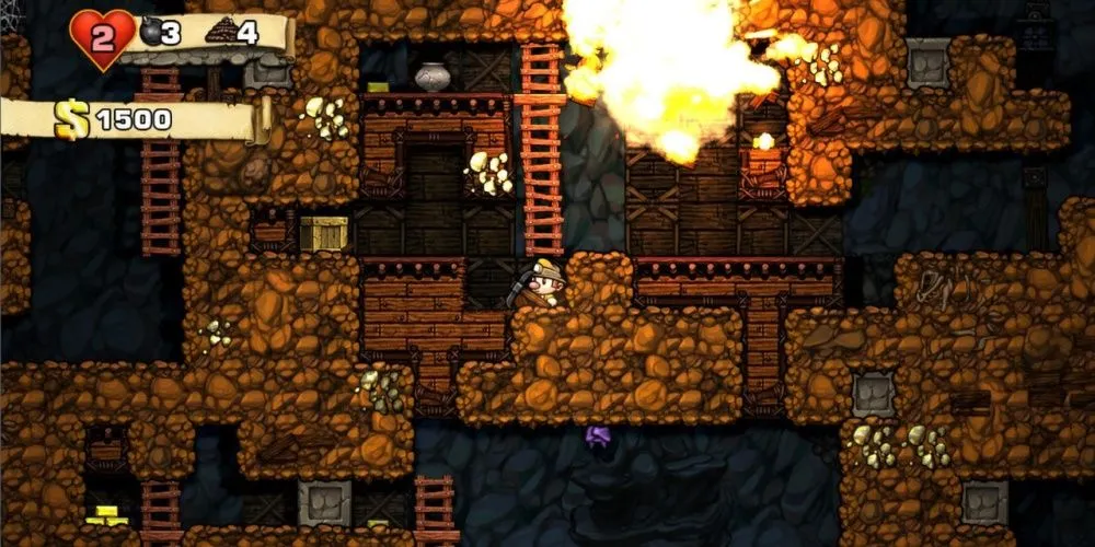 Ảnh chụp màn hình gameplay của Spelunky cho thấy nhân vật đang khám phá một hang động đầy cạm bẫy