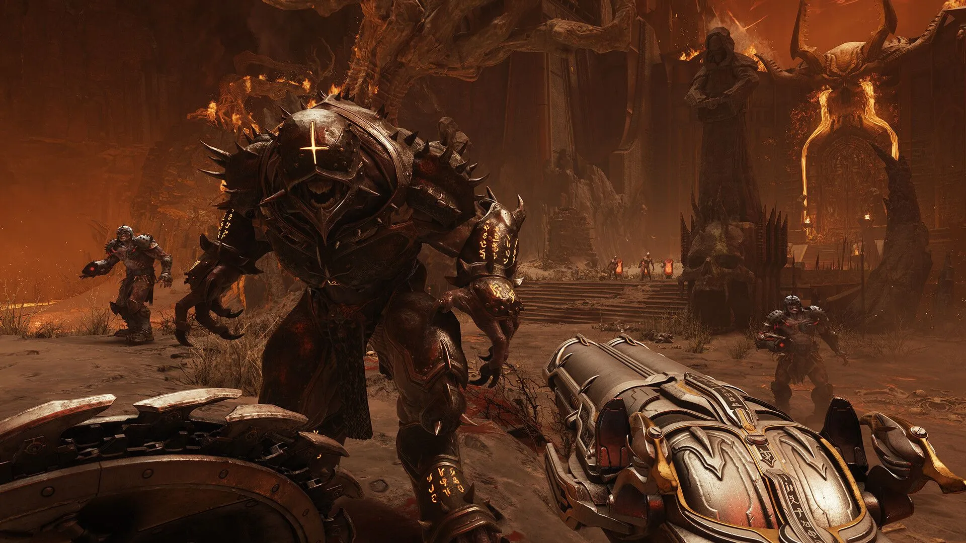 Ảnh chụp màn hình gameplay DOOM The Dark Ages, hiển thị môi trường và kẻ địch