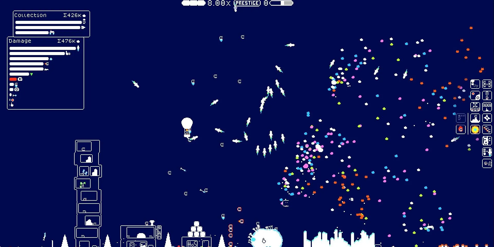 Ảnh chụp màn hình gameplay (the) Gnorp Apologue với các gnorp, tên lửa và mảnh đá