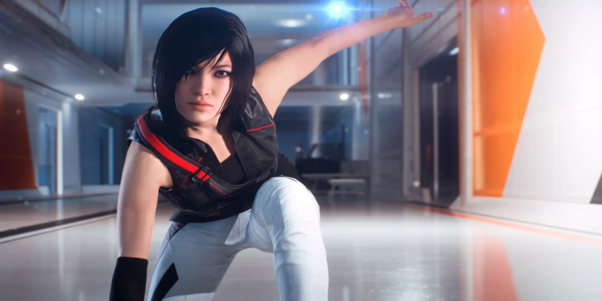 Ảnh chụp màn hình hoặc quảng bá về Faith trong Mirror's Edge Catalyst, thể hiện cô đang chạy hoặc di chuyển parkour
