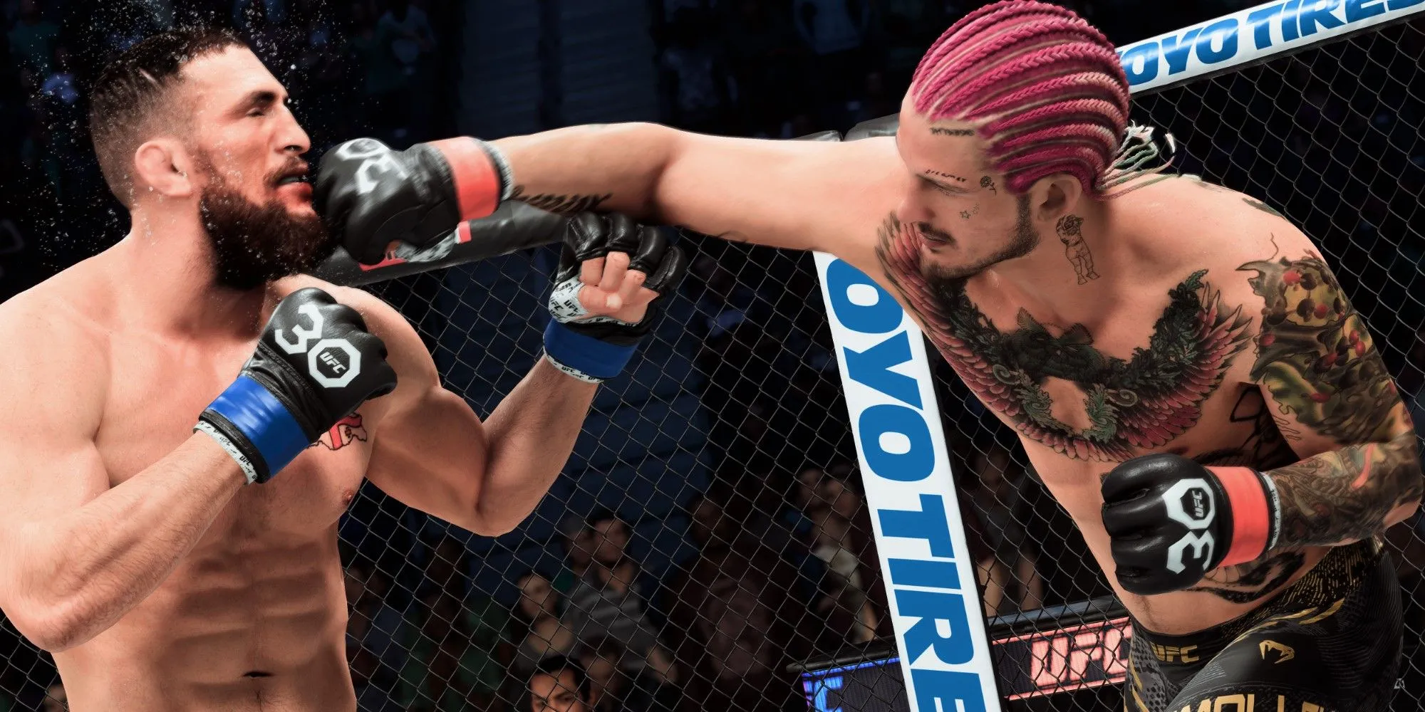 Ảnh chụp màn hình một trận đấu trong game EA Sports UFC 5 với hai võ sĩ đang giao chiến trên võ đài